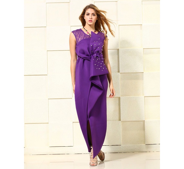 Purple Sleeveless Dress with Pearl Design 38