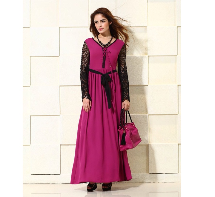 Purple with Black Lace Long Sleeves Dress 38