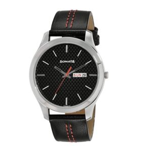 Sonata-77063SL05-Mens-NXT-Black-Dial-Black-Leather-Strap-Watch