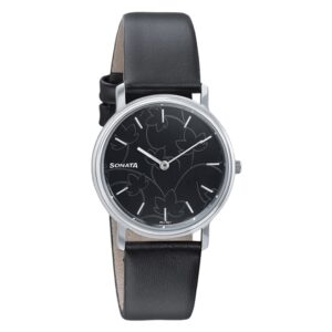 Sonata-87029SL02-WoMens-Silver-Lining-Black-Dial-Black-Leather-Strap-Watch