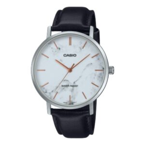 Casio Men's Watch Analog White Dial with Black Leather Strap, MTP-VT01LM-7AUDF